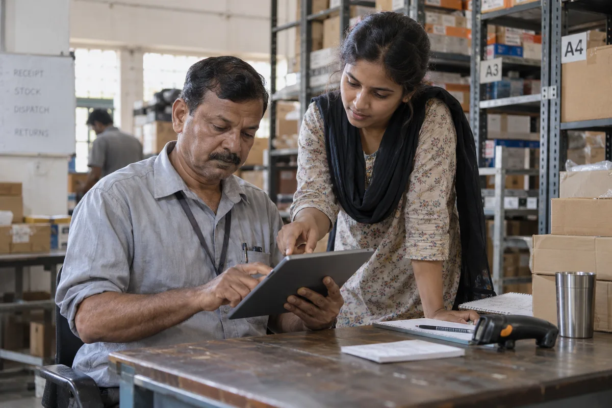 Experienced employee learning a new tool with patient guidance