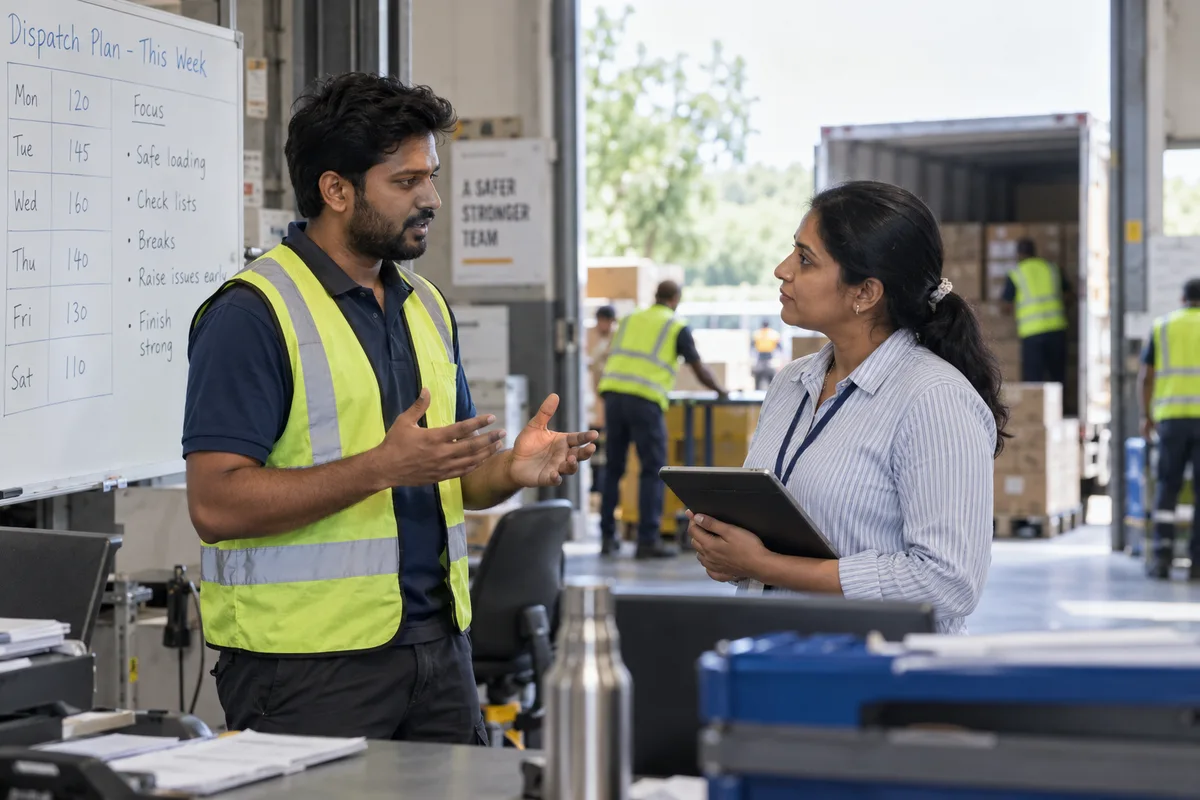 Warehouse colleague discussing workload with a supervisor
