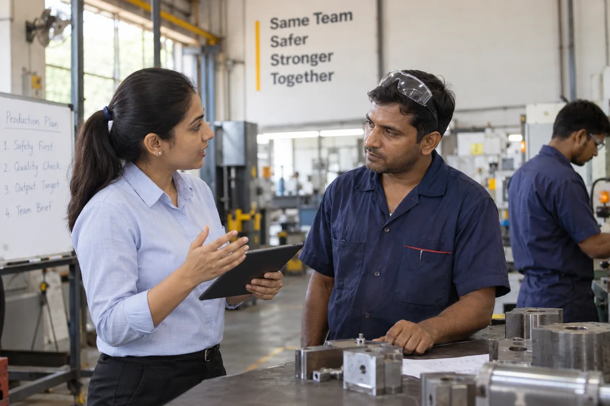 Facilitator adapting an explanation for a production employee