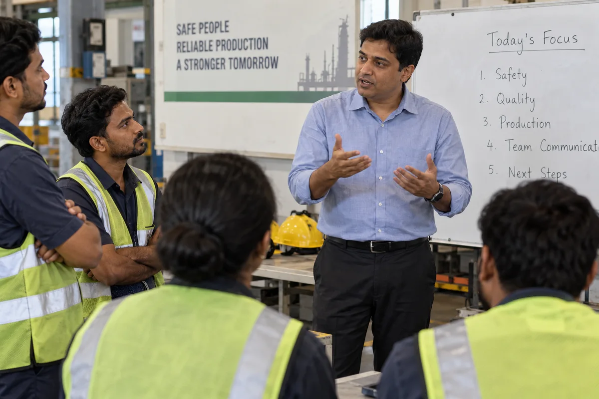 Supervisor using open body language during a shift briefing
