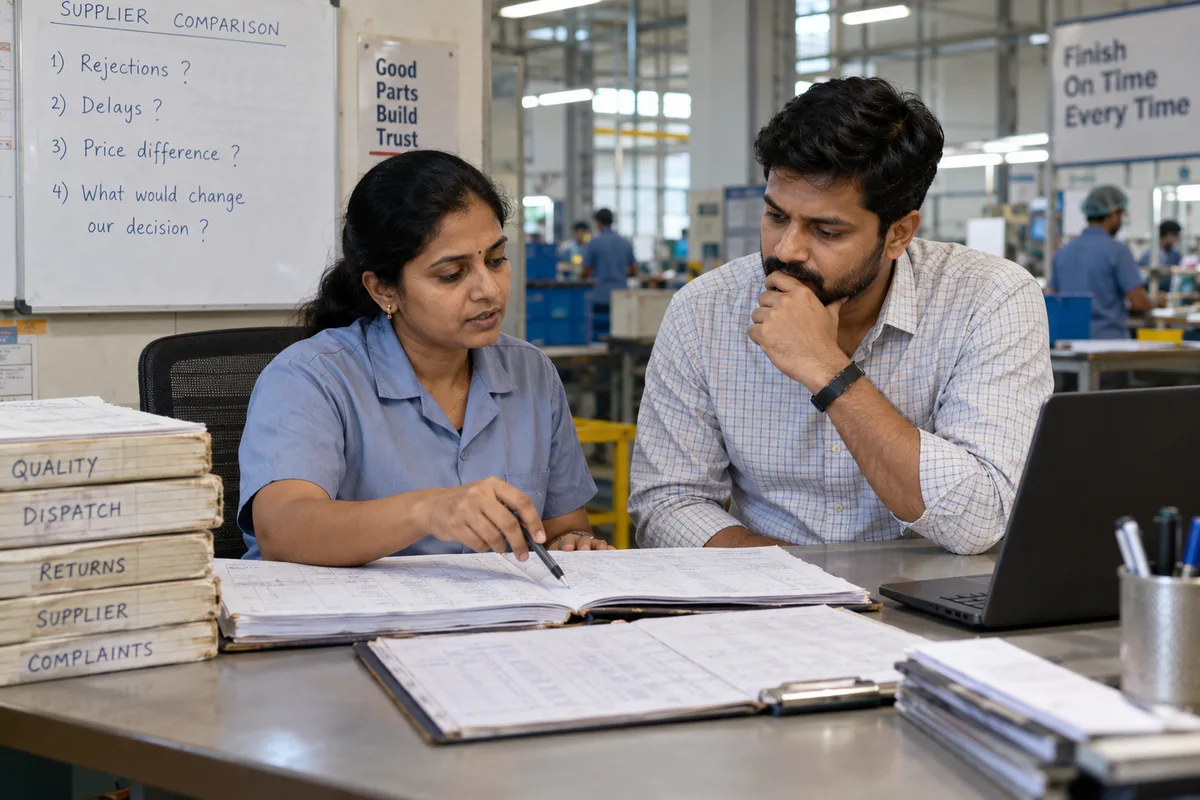 Colleagues checking supplier evidence in existing records