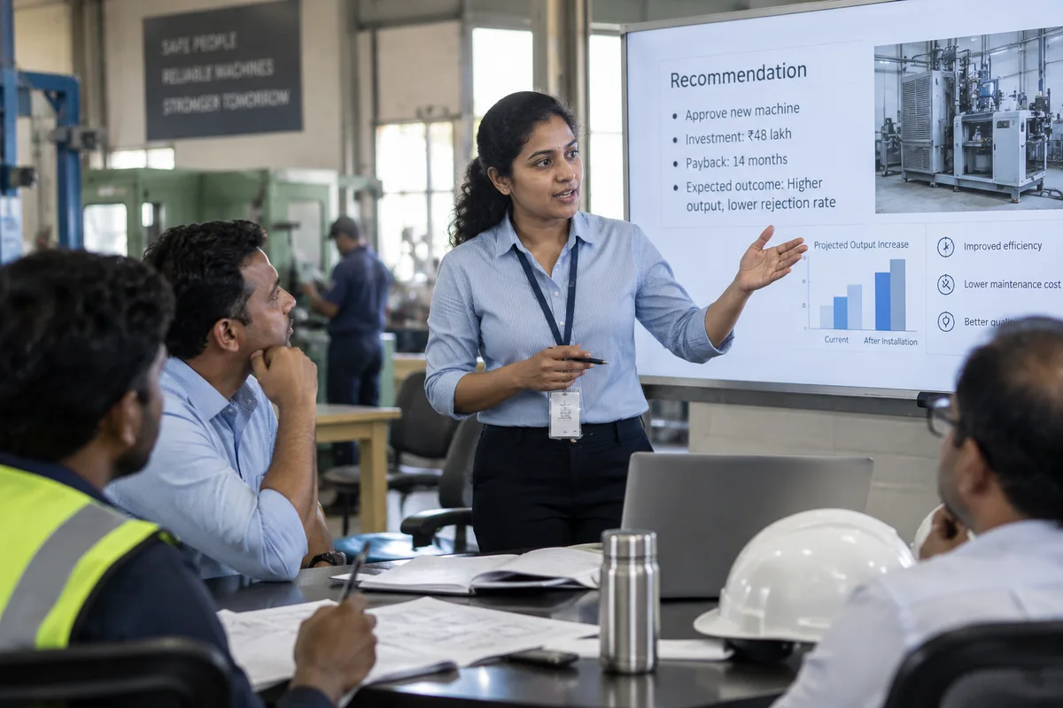 Engineer presenting a practical recommendation to managers