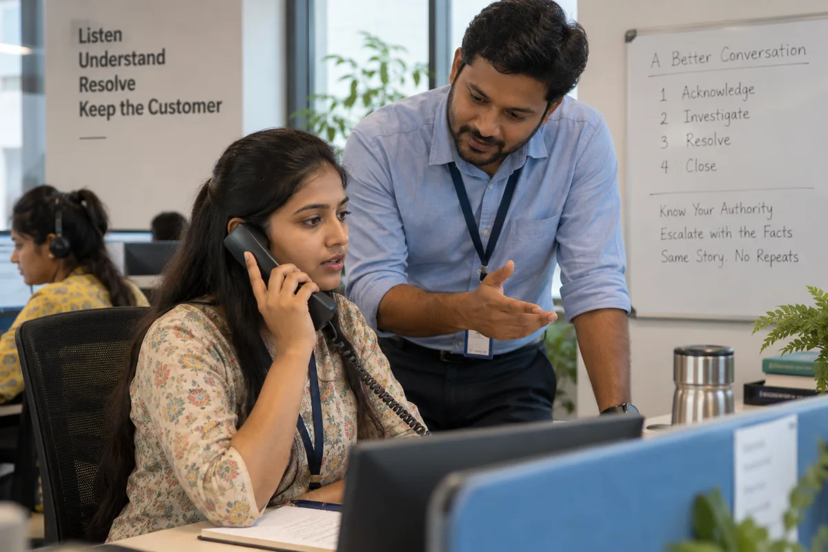 Service employee handling a complaint with coaching support