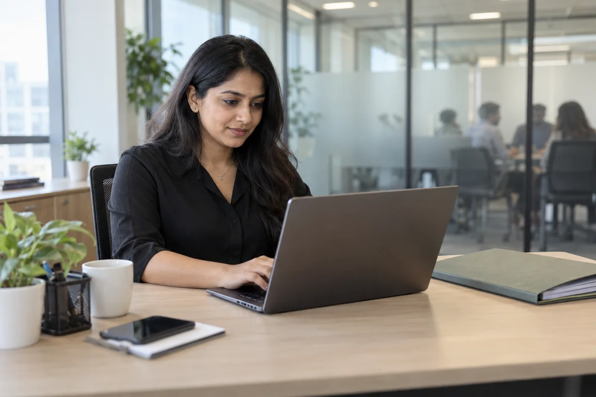 An HR professional working privately at a laptop beside a closed employee records folder