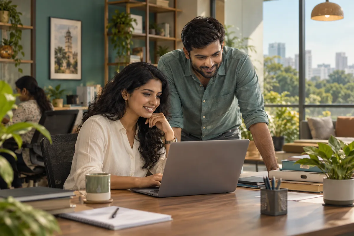 HR colleagues working together at a laptop with organised employee records