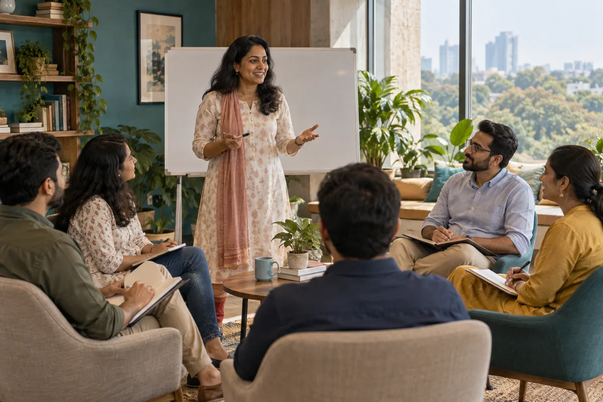A trainer leading a small, interactive workplace skills session